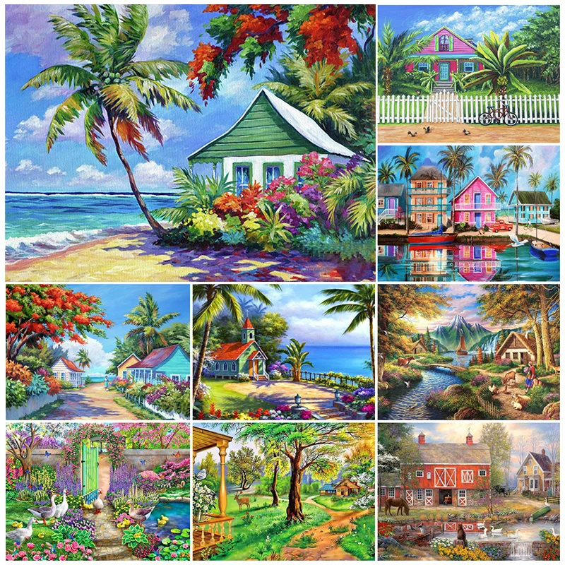 

5D DIY Diamond Painting Landscape Seaside House Full Diamond Embroidery Mosaic Village Scenery Cross Stitch Kits Home Decor Gift