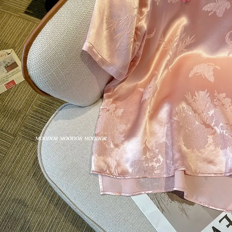 Новая рубашка в китайском стиле топ жаккардовая атласная футболка розовая
