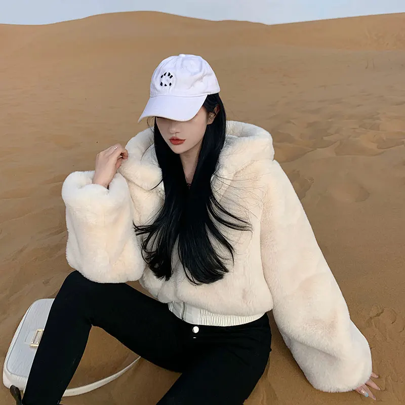 Женское пальто из искусственного кроличьего меха куртка-бомбер короткая теплая