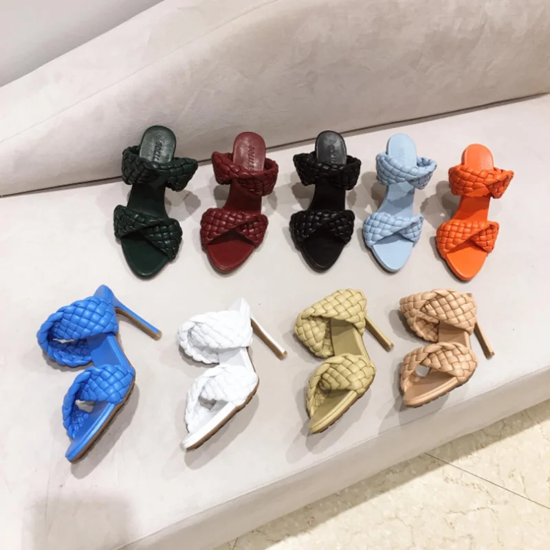 

Leather Braided High Heel Sandals Women Runway Party Shoes Woman Cross Wove Folds Mules Shoes Sexy Thin Heel Slippers Woman 2021