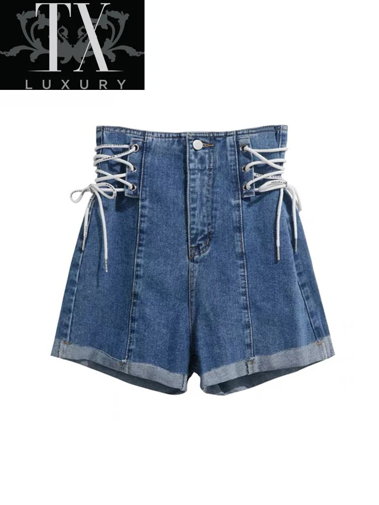 

Women's Denim Classic Fashion Vintage Sexy Bandage High Waist Blue Wide Leg Female Caual Summer Ladies Shorts Jeans Women