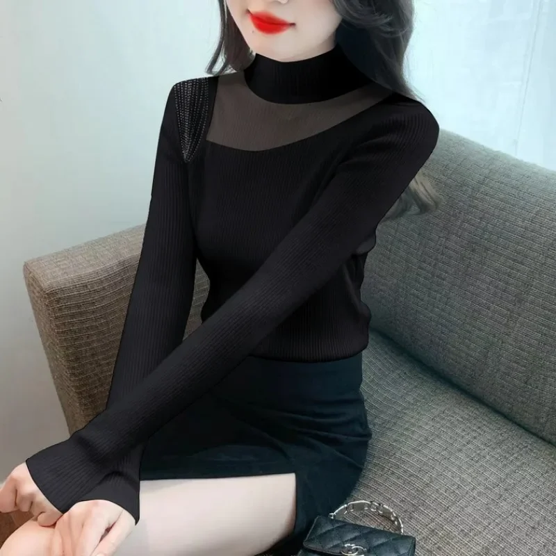 2024 зимний вязаный топ с высоким воротником свитер в полуполо сетчатая пряжа