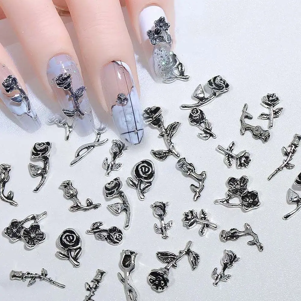 

10Pcs/set retro Japanese metal nail accessories nail jewelry rose nail decorations flowers nail drills rhinestones