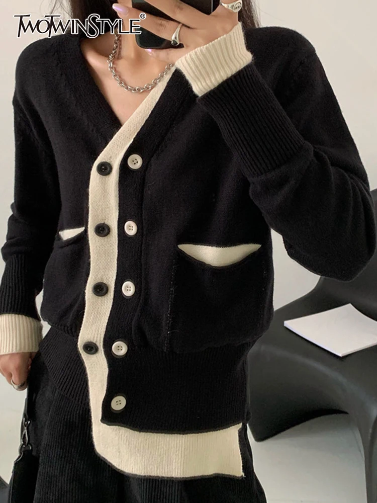 

TWOTWINSTYLE Knitting Cardigan For Women V Neck Long Sleeve Hit Color Patchwork Single Breasted Slim Sweaters Female 2022 Style