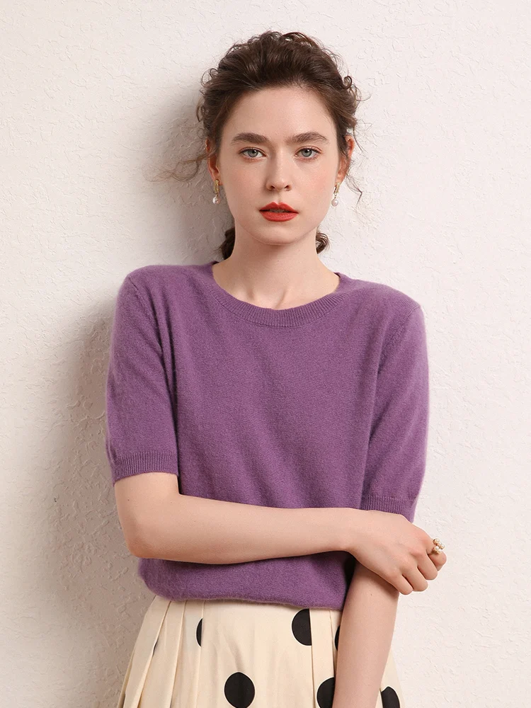 Женская кашемировая футболка с круглым вырезом пуловер коротким рукавом свитер