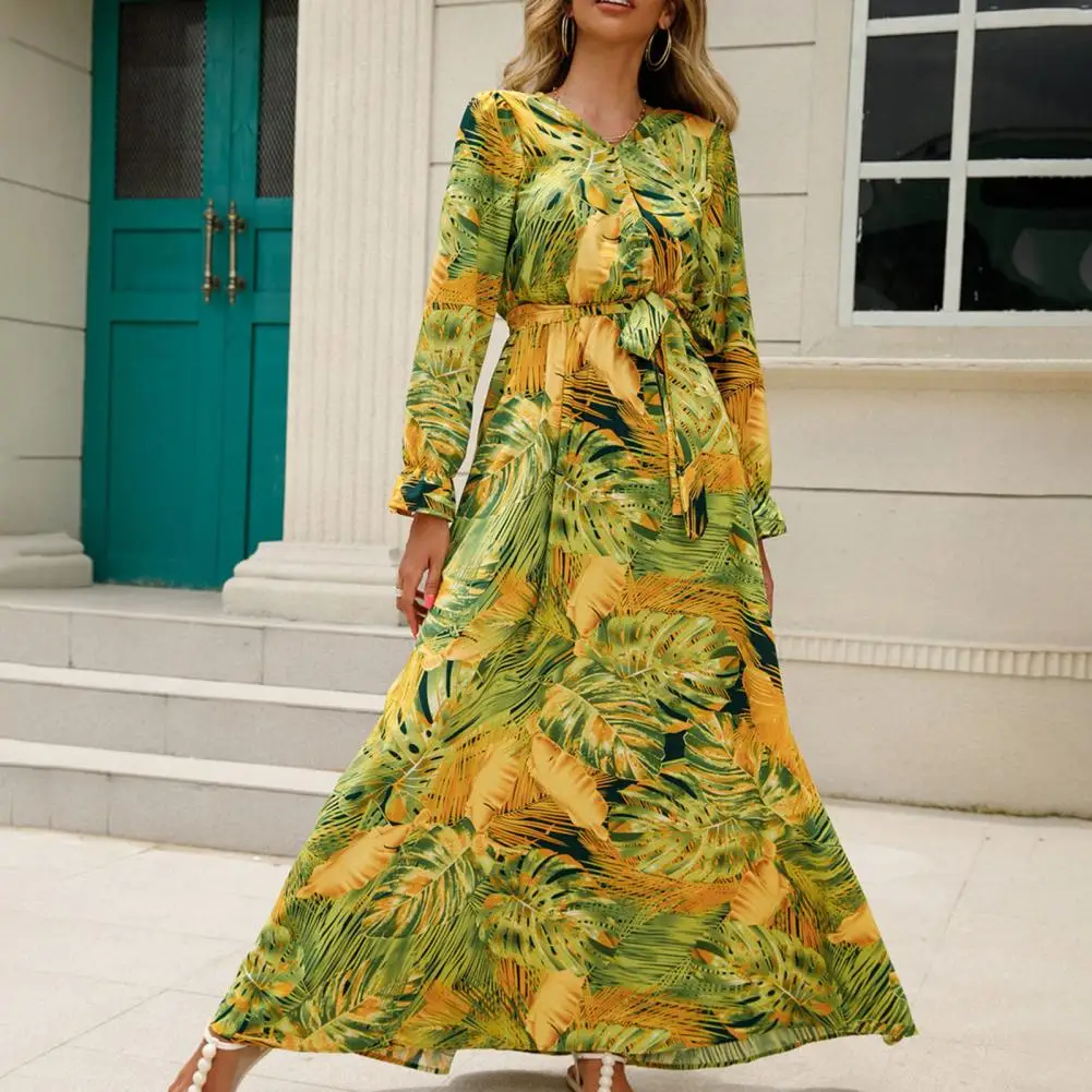 

Maxi Dress Lace-up Ankle Length Women Dress Women Casual Bohemian Beach Long Dress