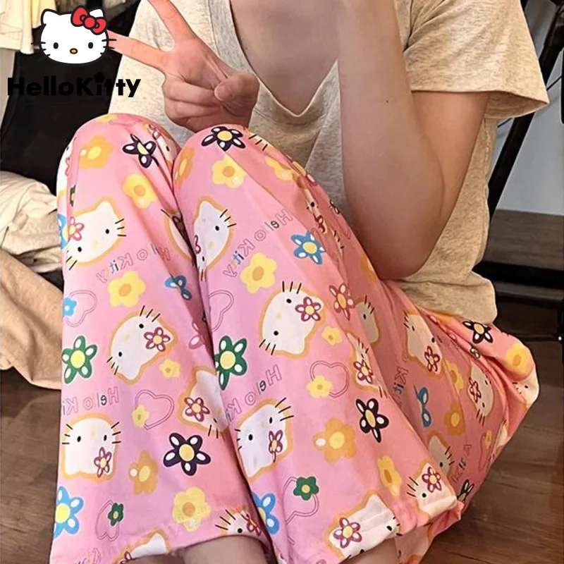 Sanrio Hello Kitty Pants Kawaii Cartoon Sleeping Pants Women New Casual Wear Outside Fashion Pants Loose Home Wide Pants Women
