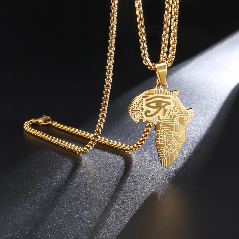 

Stainless Steel Africa Map Pendant Necklace For Women Gold Metal The Eye of Horus Choker Box Chain Necklace Femme