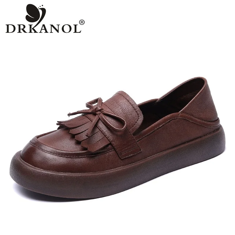 

DRKAN 2023 Handmade Retro Women Genuine Leather Loafers Slip-on Flat Shoes Spring Shallow Tassel Clege Style Casual Loafers