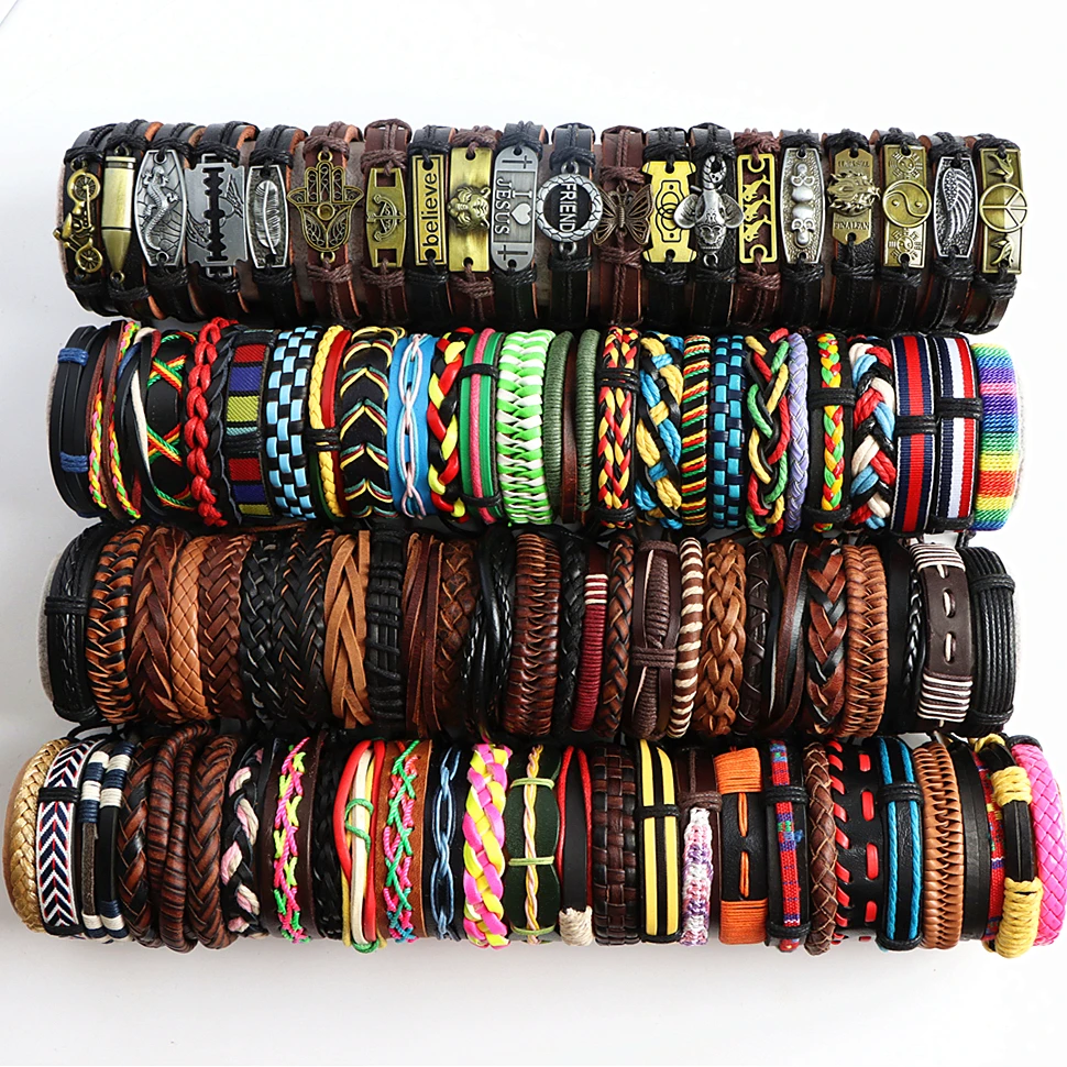 

25/50/100Pcs/Lot Fashion Retro Vintage Brown Ethnic Leather Bracelets Metal Cuff Colorful Bangle Jewelry For Women Men Wholesale