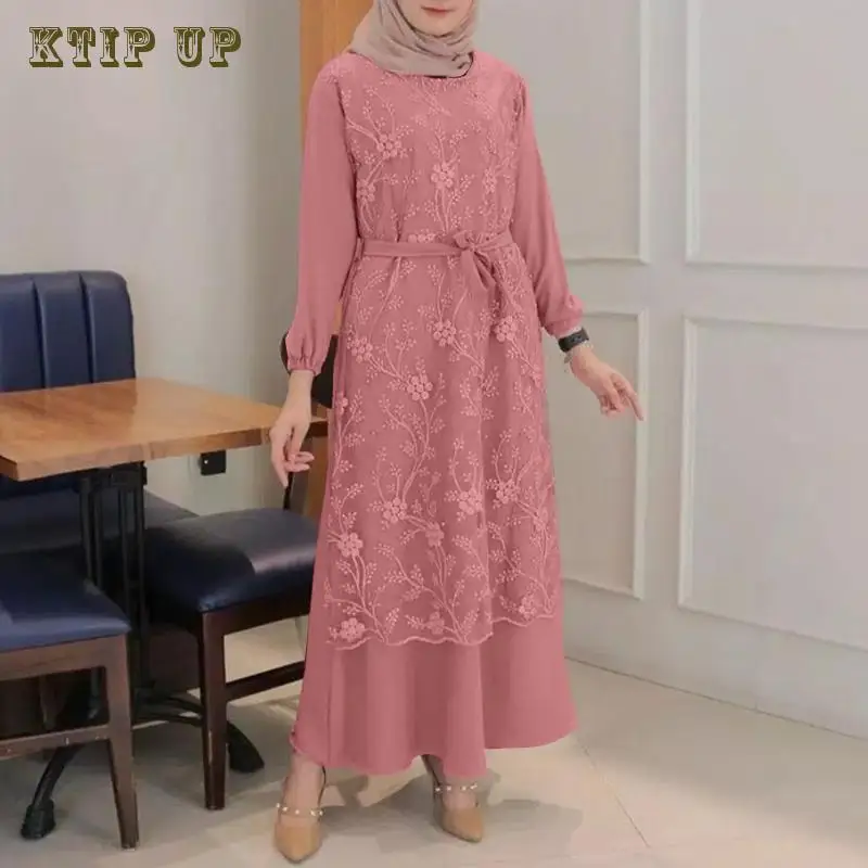 

Womne Casual Long Sleeve Muslim Sundress Elegant Dubai Turkey Shirt Dress Spring Autumn Flouncing Lace Up Caftan OL Abaya