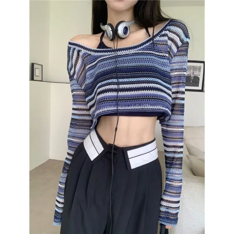 

Early Autumn Thin Loose Commuting Everything Niche Hollowed Out Short Fashion Long-sleeved Sweet and Spicy Color Striped Sweater