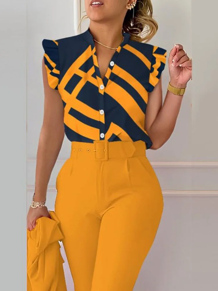 

Commuter Women Summer Fashion Print Shirts Patchwork Design Ruffles Decor V-neck Sleeveless Slim Single Breasted Blouses Tops