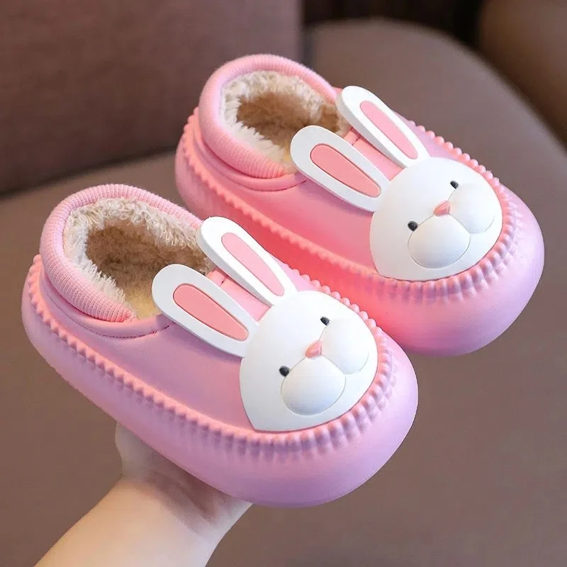 2022 New Winter Kids Bunny Loafer Slippers Babi Cartoon Shoes For Home Fur Slides Indoor Waterproof Children's Warm Slippers