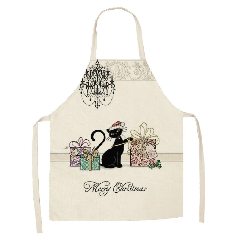 

Льняной Фартук без рукавов с рисунком черного животного кота для родителей и детей, фартук для дома, праздничный декор, чистый кухонный фартук