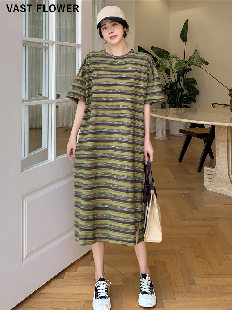 

2022 Summer New Army Green Striped Print Dresses For Women Korean Fashion Short Sleeve Loose Casual Long Dress Elegant Clothing