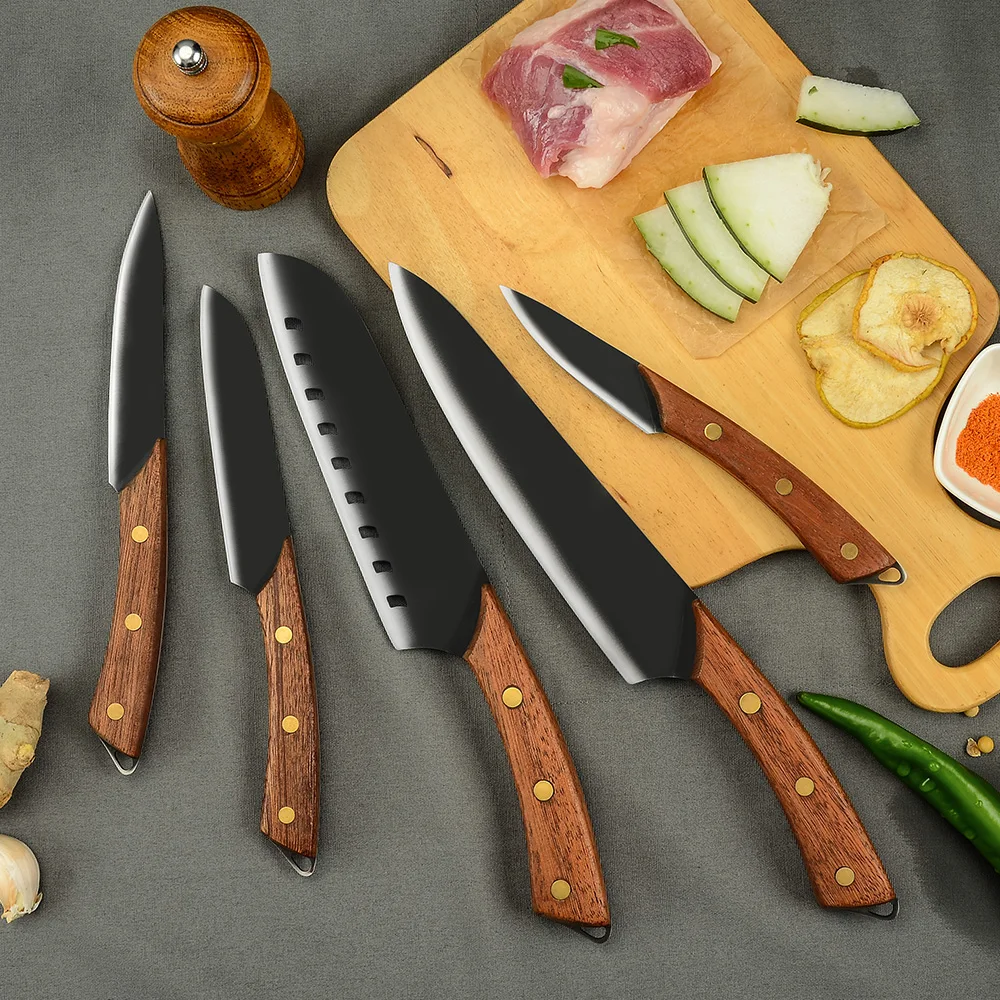 Нож сантоку XYJ черный 7 дюймов с деревянной ручкой