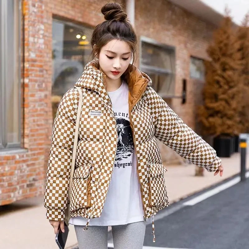 Down Cotton Jacket Women 2023 Autumn Winter New Checkerboard Hooded Short Padded Coat Female Fashion Loose Thicke Warm Parkas