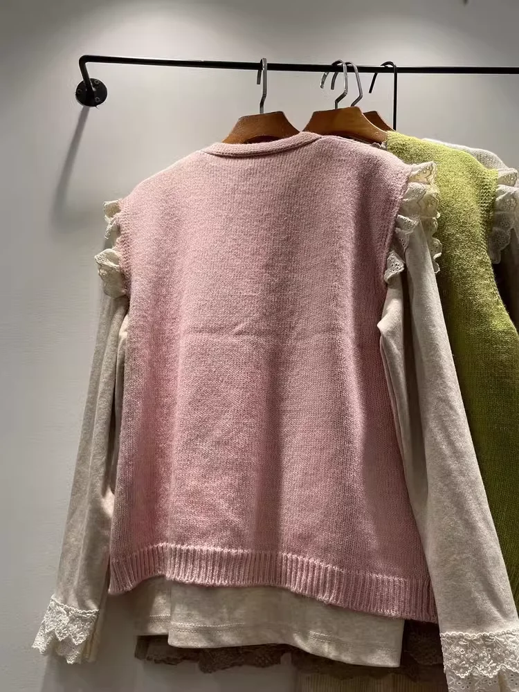 Mori Girl Япония модный кружевной лоскутный вязаный свитер жилет женский осенний