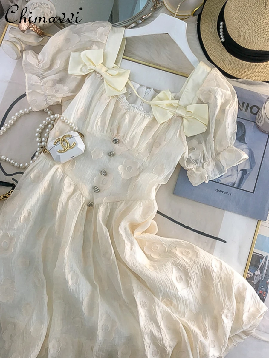 

French Fantasy High-end Bow Puff Sleeve Dress Women 2022 Summer Dresses Fashion High Waist Sweet Flowers Fairy Princess Dress