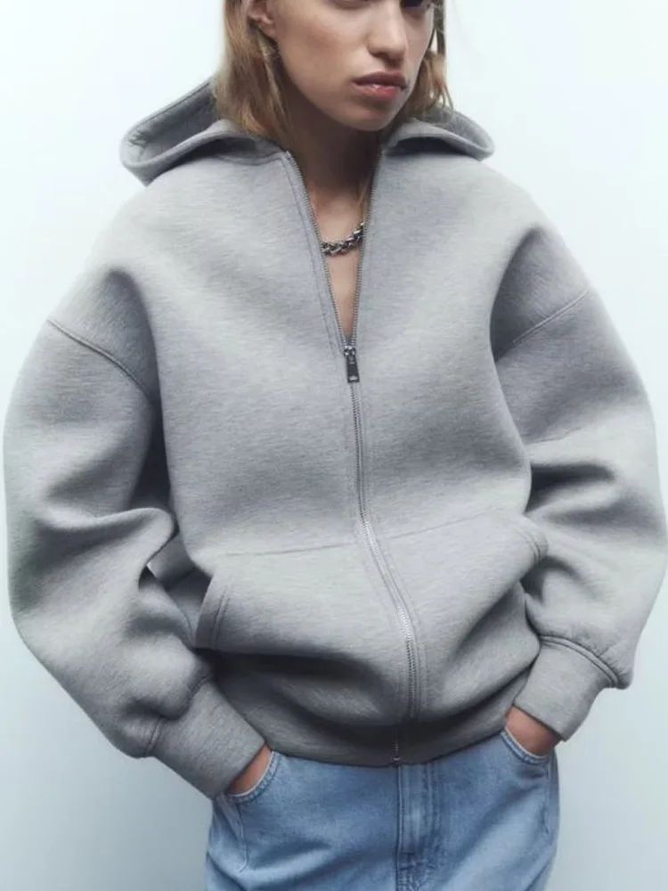 

2023 Women Autumn Jackets Coats Fashion Solid Loose Hooded Zipper Female Elegant Street Sweet Jacket Outerwear Clothing