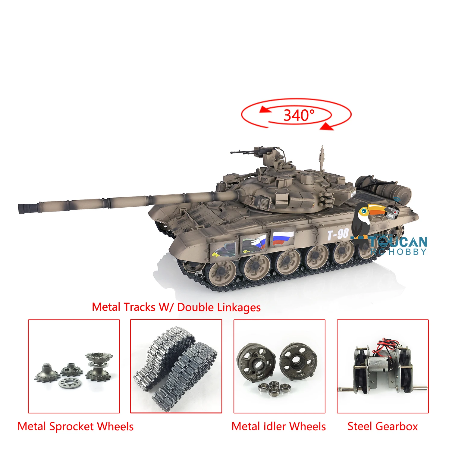 

2.4G Henglong RTR RC Tank Russia T90 1/16 Yellow 7.0 Upgraded 3938 Battle Tank Armored Vehicle AirSoft Metal Tracks TH17865-SMT6