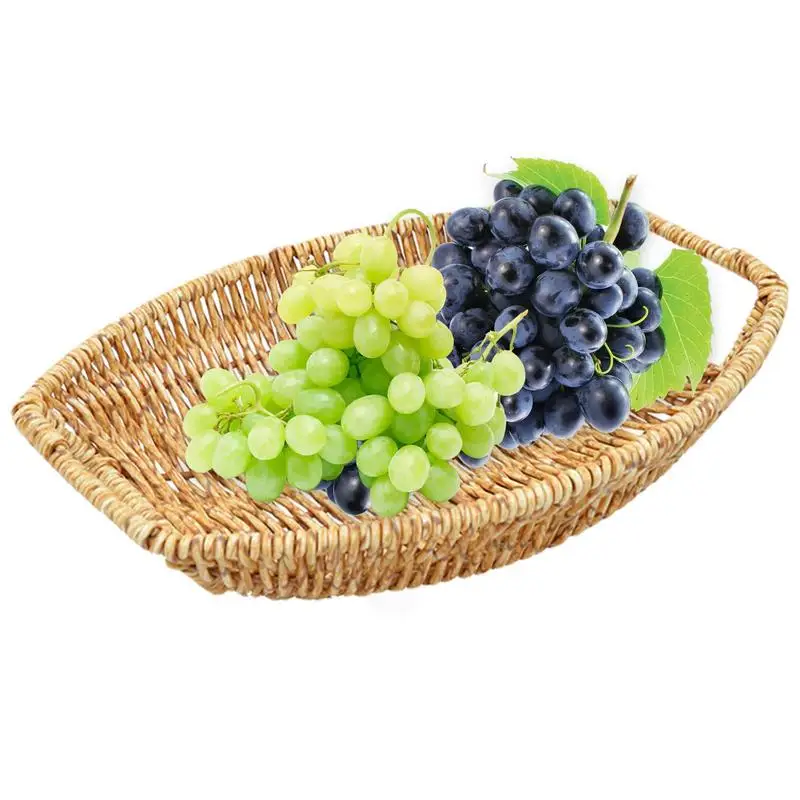 

Handwoven Rattan Storage Tray With Wooden Handle Oval Wicker Basket Bread Food Plate Fruit Cake Platter Dinner Serving Tray