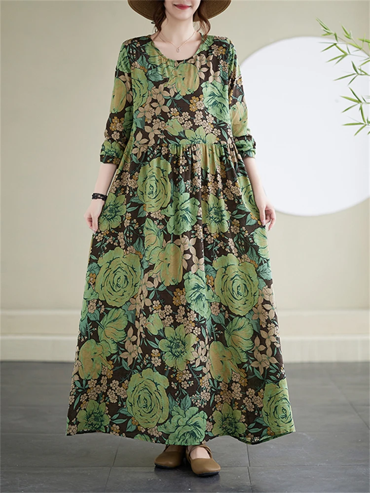 Женское винтажное платье с цветочным принтом длинное хлопковое свободного