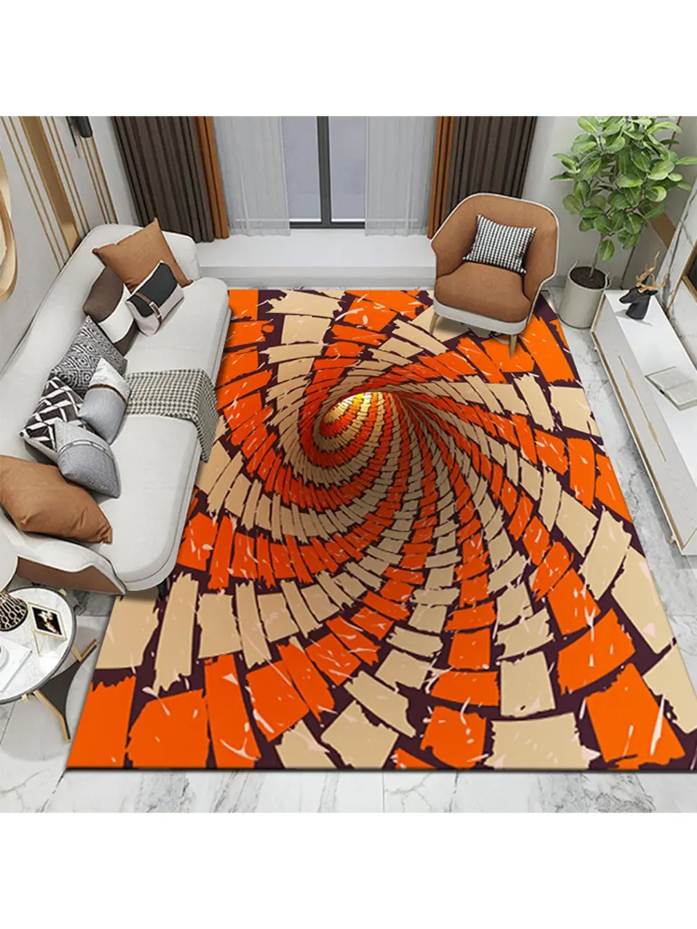 

3D Vision Carpet Orange Swirl Living Room Bedroom Table Non-slip Soft Three-dimensional Floor Mat