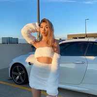 sexy faux fur wrap chest short skirt sleeves fluffy beige luxury streetwear party club costume ladies 2 piece skirt short top