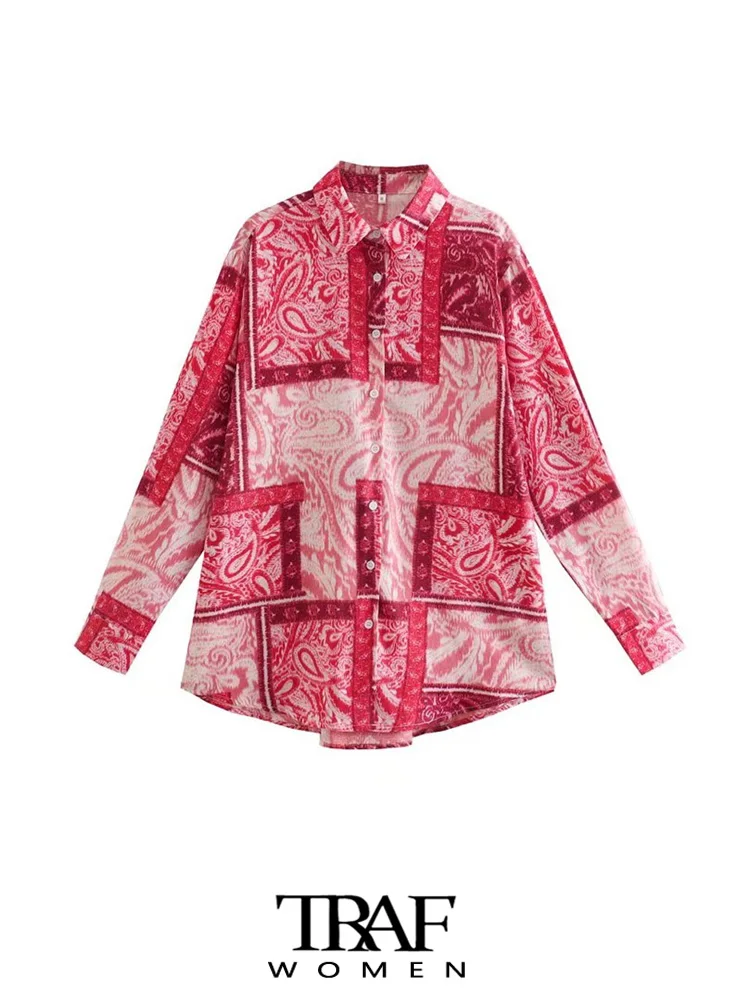 

TRAF Women Fashion Loose Printed Shirts Vintage Long Sleeve Button-up Female Blouses Blusas Chic Tops