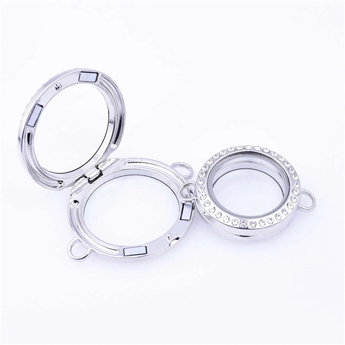 

2Pcs Alloy Pendant Rose Gold/Golden/Black/White Diamond-set Openable Round Glass Photo Box Dual Ring Connector for Jewelry DIY