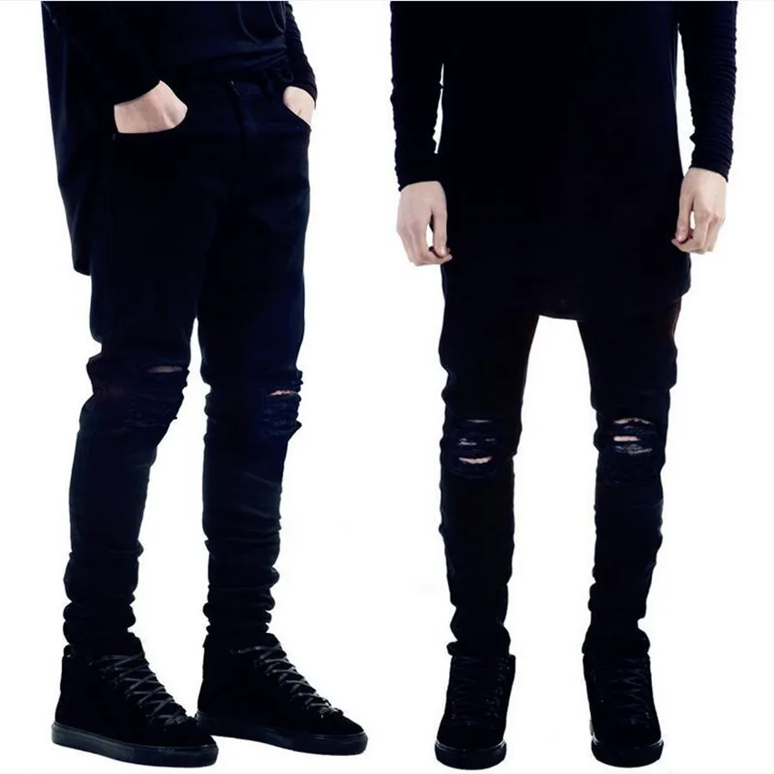 

Fashion Jeans Men Solid Ripped Hole Distresses Washed Skinny Jeans Male Casual Harajuku Outerwear Hip Hop Slim Fit Denim Pants