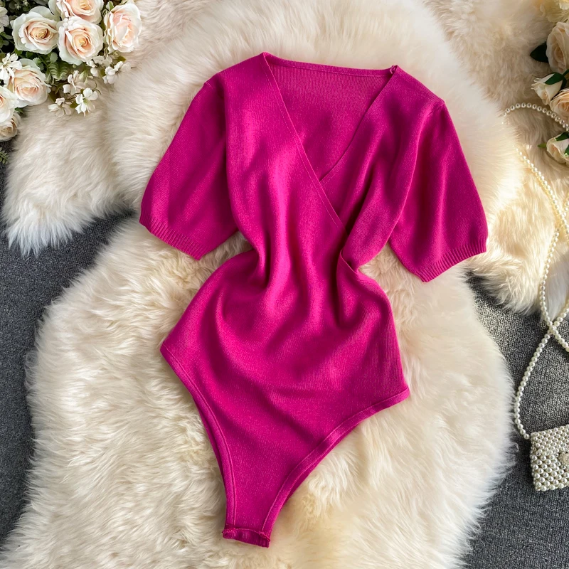 

Autumn and Winter Style Tight Sexy V Neck Solid Color Knit Slim Slim One-piece
