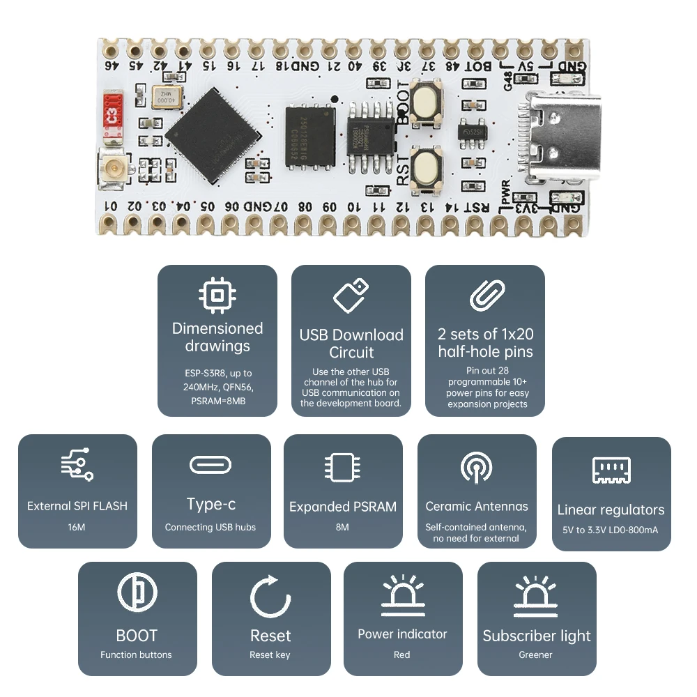 Модуль ESP32-S3 NANO WIFI Bluetooth макетная плата типа C ESP32-S3-N16R8 Встроенная антенна Внешняя