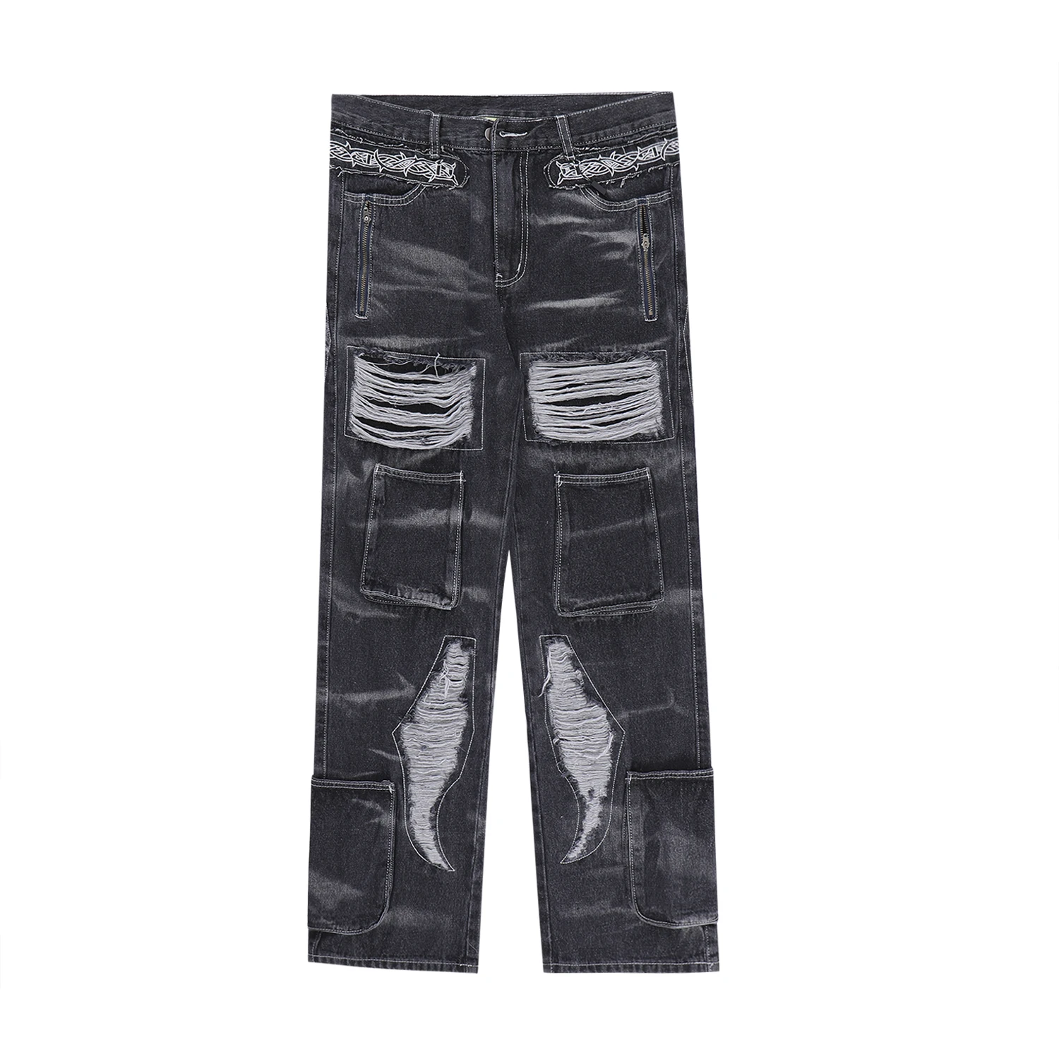 

Urban Streetwear Mens Black Ripped Cargo Denim Jeans Men Baggy Hip Hop Washed Destroyed Zippers Moustache Effect Patch Jean