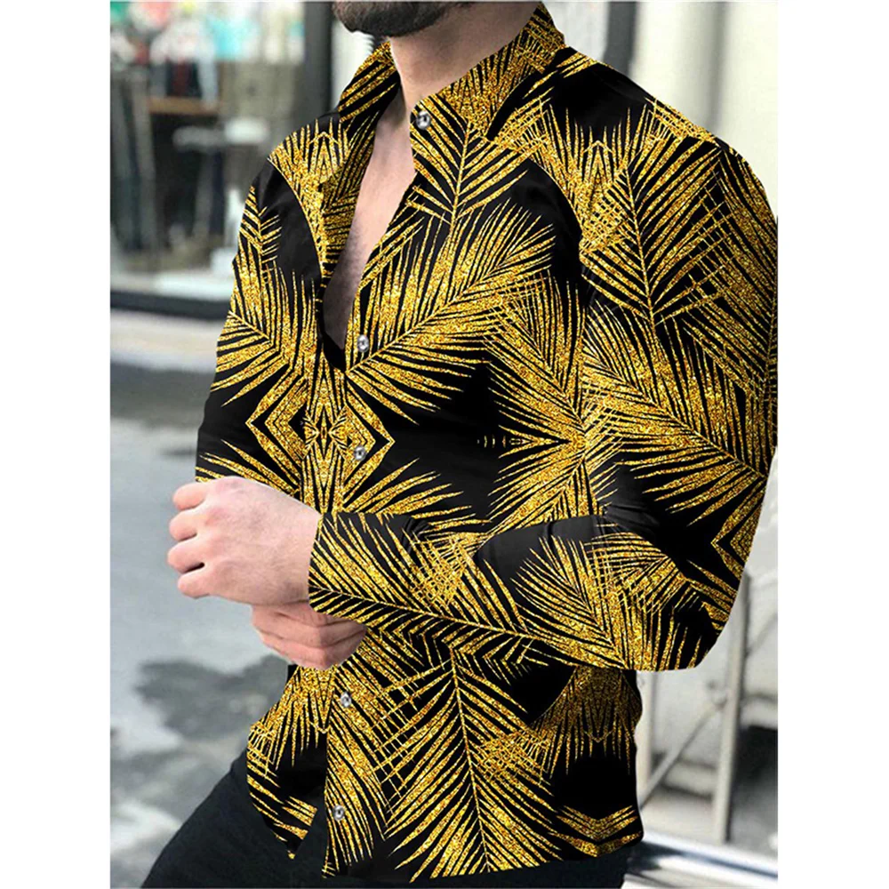 2023 men's high-quality party casual top luxury social men's lapel button shirt printed long-sleeved men's clothing