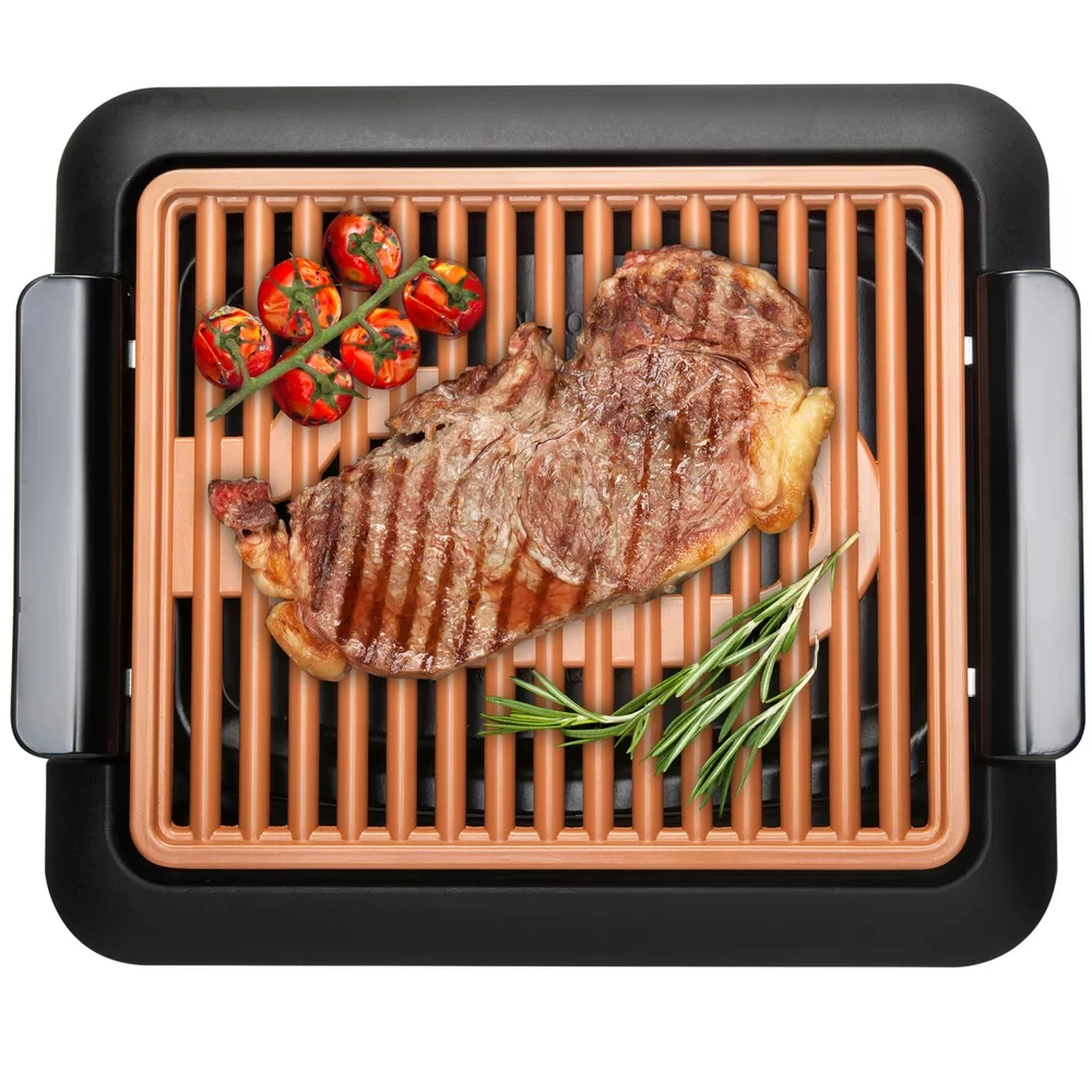 

Indoor Grill, Nonstick Electric Grill, Dishwasher Safe Surface, Temp Control, Metal Utensil Safe, Barbeque Indoors with No Smok