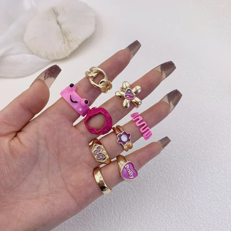 

9Pcs/Lot Fashion Flower Butterfly Ring Cartoon Frog Drip Oil Finger Ring Girls Cute Alloy Jewelry Party Gift