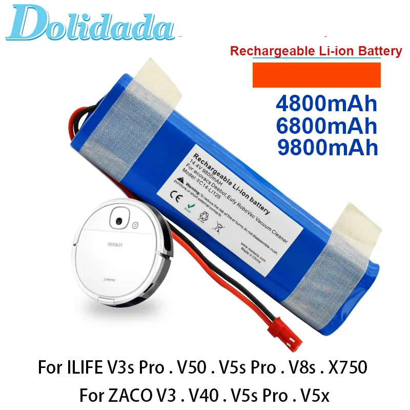 

Сменные перезаряжаемые литий-ионные аккумуляторы для робота-пылесоса ILIFE V3s Pro V50 V5s Pro V8s X750, 14,4 В, 6800 мАч, 18650