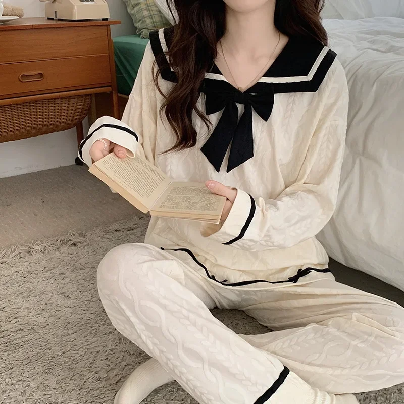 Женские милые брюки с рюшами и длинными рукавами пижамный комплект в корейском