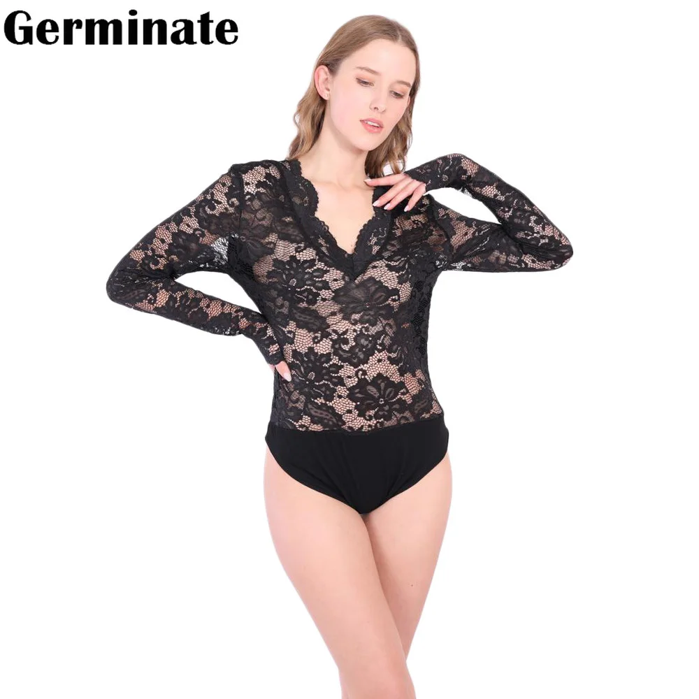 

Germinate V Neck Long Sleeve Bodysuit Women Black Sexy Lace Body Transparent Fishnet Mesh Bodycon Backless Jumpsuits