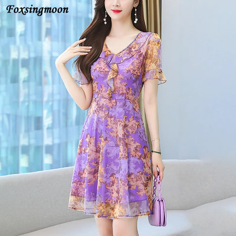 

Korean Chiffon Dress 2022 Summer Dress Women Vintage Floral Printed V-neck Elastic Waist Fashion Casual Short Sleeve Dress