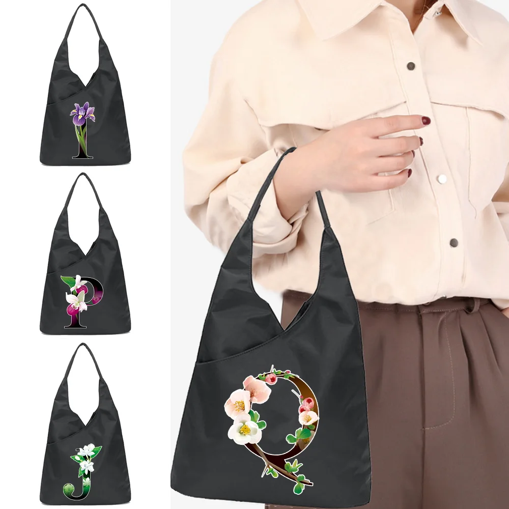 

Thick Eco Nylon Shopping Bag Large Tote Women Flower Color Letter Handbags Reusable Portable Supermarket Folding Pouch Foldable