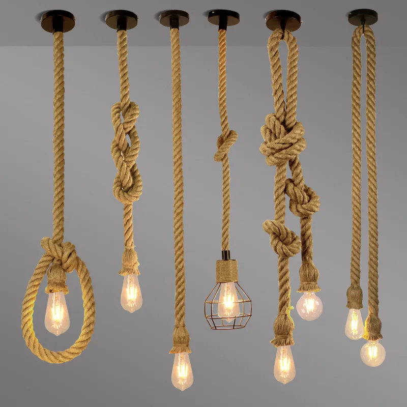 

Retro Vintage Hemp Rope Pendant Light American Industrial Hanging Lamps Creative Loft Country Style Ceiling Lamps E27 Edison LED