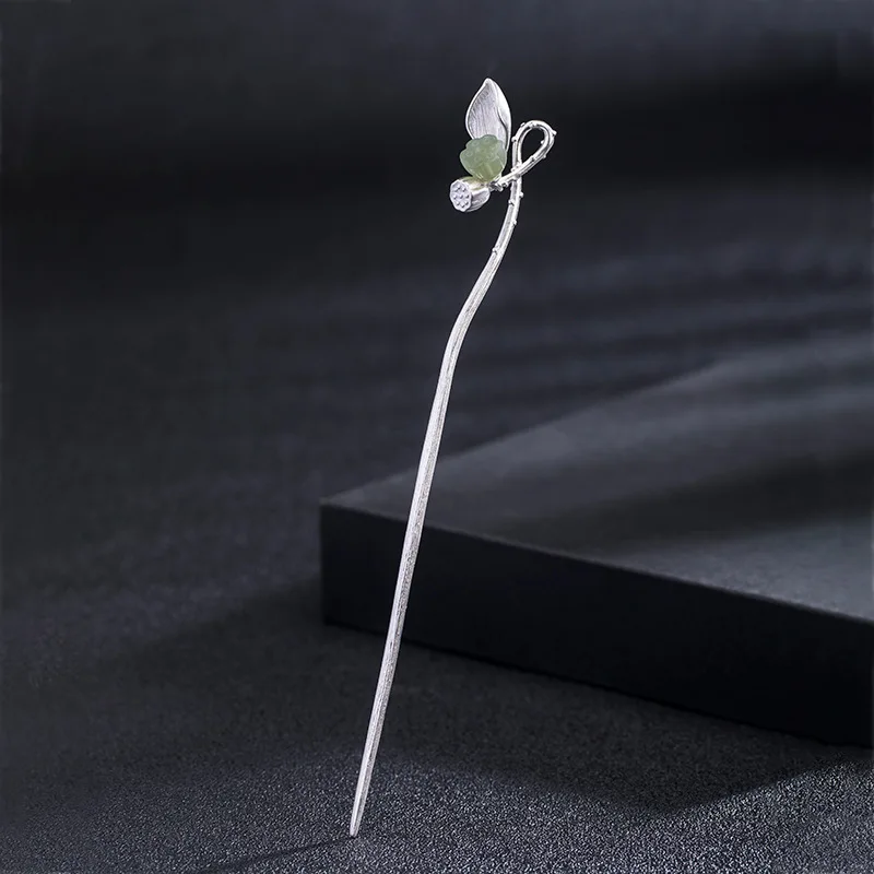 

925 Sterling Silver Simple Hanfu Hair Pin Accessory Female Chinese Ethnic Jade Lotus Leaf Seedpod Hair Sticks Jewelry FZ004