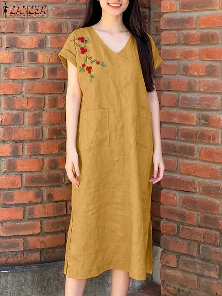

ZANZEA Woman Fashion Short Sleeve Dress Summer Floral Embroidery V-Neck Dresses Holiday Beach Vestidos Female Party Midi Robe