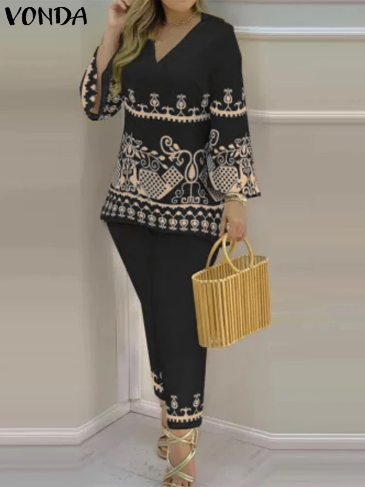 

Костюм брючный VONDA женский с принтом, пикантный топ с V-образным вырезом и рукавами для пикника, офисный комплект с брюками с завышенной талией, 2023