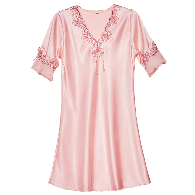 Summer Large Size Imitation Silk Pajamas Dress Ladies Mid-sleeved Elegant Nightdress Short-sleeved Women's Home Clothes Women