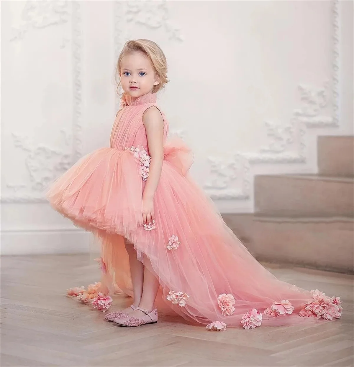 

Peach Pink Trail Sleeveless Bow Fold Flower Girl Dress Wedding Fashion Little Children's First Communion Celebration Dress